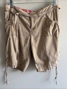 No Boundaries Khaki‎ Cargo Bermuda Shorts Tie Belt Ruched Sides Size 11